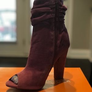 Pink suede peep toe booties